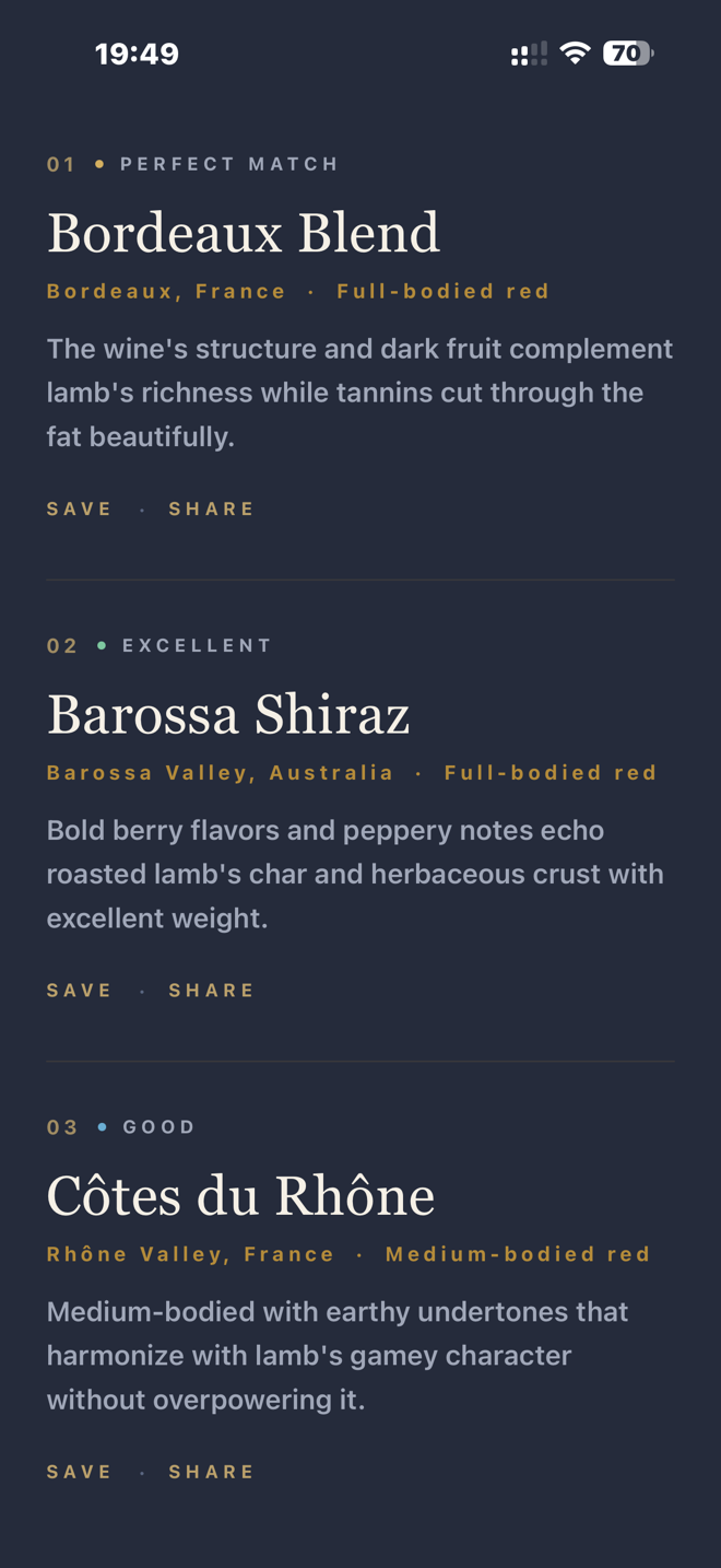 Wine Cloud results screen listing three pairings for roast lamb: Bordeaux Blend marked Perfect Match with a gold dot, Barossa Shiraz marked Excellent with a green dot, and Côtes du Rhône marked Good with a blue dot — each with a one-line reason and Save and Share actions.