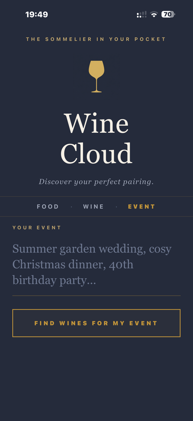 Wine Cloud in Event mode: a Your Event field suggesting a summer garden wedding, cosy Christmas dinner or 40th birthday party, and a gold Find Wines For My Event button.